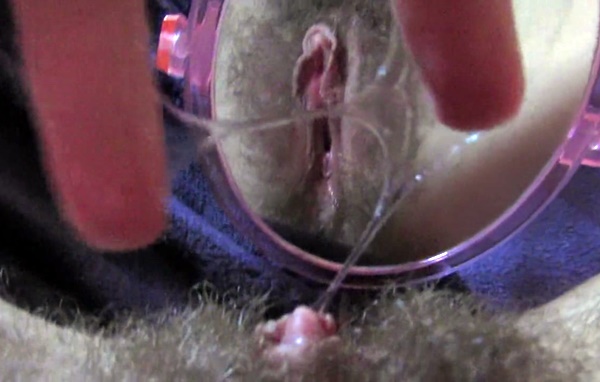 Vaginal juice on wet hairy pussy after masturbation. Lots of white cream!